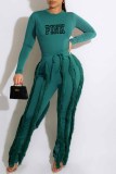 Blue Casual Street Print Tassel Letter O Neck Long Sleeve Two Pieces