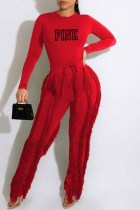 Red Casual Street Print Tassel Letter O Neck Long Sleeve Two Pieces