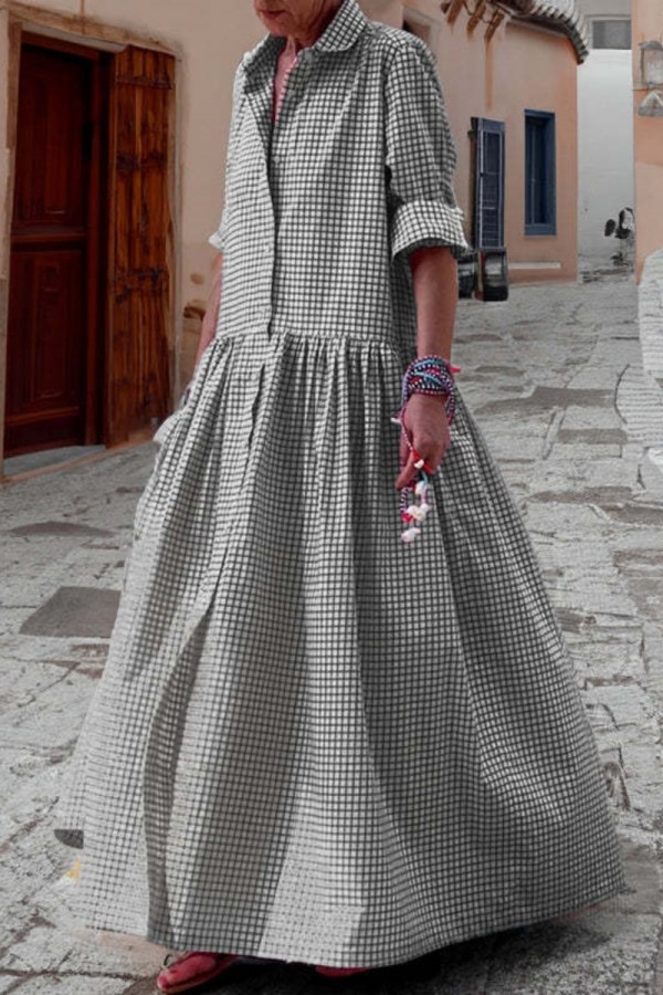 Dark Gray Casual Plaid Print Patchwork Turndown Collar Shirt Dress Dresses