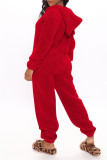 Red Casual Living Solid Patchwork Hooded Collar Regular Jumpsuits