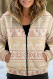 White Casual Print Patchwork Zipper Hooded Collar Outerwear