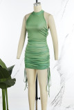 Green Sexy Solid Patchwork Draw String Backless O Neck Sheath Dresses