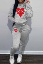 Grey Casual Print Patchwork Hooded Collar Long Sleeve Two Pieces