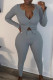 Grey Sexy Solid Patchwork Zipper O Neck Long Sleeve Two Pieces