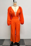 Orange Casual Sweet Daily Simplicity Solid Color V Neck Regular Jumpsuits