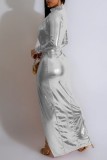 Silver Sexy Solid Slit Turtleneck Long Dress Dresses