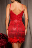 Red Sexy Party Formal Patchwork Sequins Feathers Backless V Neck Sling Dress Dresses