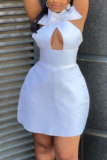 White Sweet Daily Party Elegant Solid Color With Bow Halter Dresses