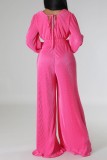 Pink Casual Solid Patchwork V Neck Regular Jumpsuits