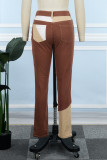 Rust Red Casual Color Block Pocket Buttons Zipper High Waist Skinny Denim Jeans