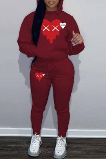 Burgundy Casual Print Patchwork Hooded Collar Long Sleeve Two Pieces
