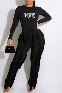 Black Casual Street Print Tassel Letter O Neck Long Sleeve Two Pieces