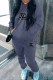 Navy Blue Casual Print Letter Hooded Collar Long Sleeve Two Pieces