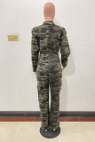 Camouflage Casual Camouflage Print Patchwork Turndown Collar Regular Jumpsuits