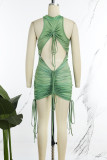 Green Sexy Solid Patchwork Draw String Backless O Neck Sheath Dresses