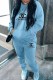 Sky Blue Casual Print Letter Hooded Collar Long Sleeve Two Pieces