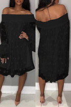 Black Casual Dot Patchwork Off the Shoulder Long Sleeve Dresses