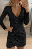Golden Yellow Casual Patchwork Sequins V Neck Long Sleeve Dresses