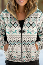 Light Blue Casual Print Patchwork Zipper Hooded Collar Outerwear