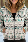 Apricot Casual Print Patchwork Zipper Hooded Collar Outerwear