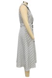 White Casual Striped Print With Belt Turndown Collar Sleeveless Dress Dresses