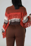 Brown Red Street Color Block Tassel Patchwork Zipper Cardigan Collar Outerwear（Tzitzit This Is A live Shot）