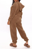 Brown Casual Living Solid Patchwork Hooded Collar Regular Jumpsuits