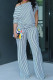 White Casual Striped Print Patchwork Oblique Collar Three Quarter Two Pieces