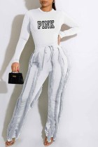 White Casual Street Print Tassel Letter O Neck Long Sleeve Two Pieces