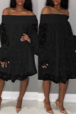 Black Casual Dot Patchwork Off the Shoulder Long Sleeve Dresses