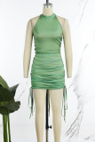 Green Sexy Solid Patchwork Draw String Backless O Neck Sheath Dresses