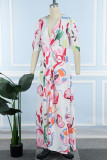 White Elegant Print Patchwork Buckle High Opening V Neck Printed Dress Dresses