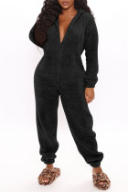 Black Casual Living Solid Patchwork Hooded Collar Regular Jumpsuits