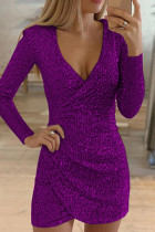Purple Casual Patchwork Sequins V Neck Long Sleeve Dresses
