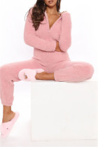 Pink Casual Living Solid Patchwork Hooded Collar Regular Jumpsuits