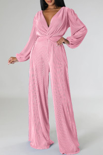 Pink Casual Solid Patchwork V Neck Regular Jumpsuits