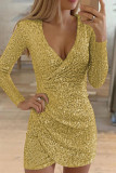 Gold Casual Patchwork Sequins V Neck Long Sleeve Dresses