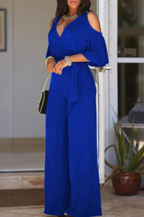 Royal Blue Casual Solid Hollowed Out V Neck Regular Jumpsuits