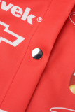 Red Street Print Patchwork Pocket Buckle O Neck Outerwear