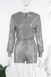 Champagne Sexy Solid Hollowed Out Sequins Patchwork Slit Zipper O Neck Loose Rompers