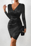 Silver Casual Solid Patchwork Fold V Neck Long Sleeve Dresses