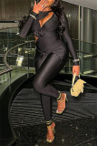 Black Sexy Casual Solid Hollowed Out Patchwork Oblique Collar Skinny Jumpsuits