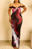 Red Sexy Casual Print Backless Spaghetti Strap Long Dress Dresses
