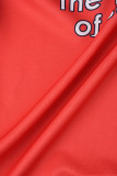 Red Street Print Patchwork Pocket Buckle O Neck Outerwear