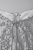 Silver White Sexy Solid Hollowed Out Sequins Patchwork Slit Zipper O Neck Loose Rompers