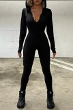 Black Casual Solid Basic Hooded Collar Skinny Jumpsuits