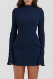 Khaki Casual Solid Basic Half A Turtleneck Long Sleeve Dresses