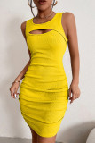 Yellow Casual Solid Hollowed Out O Neck Sleeveless Dress Dresses