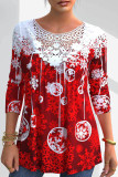 Deep Red Casual Print Patchwork O Neck Tops