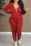 Brick Red Casual Solid Patchwork Zipper Collar Long Sleeve Two Pieces